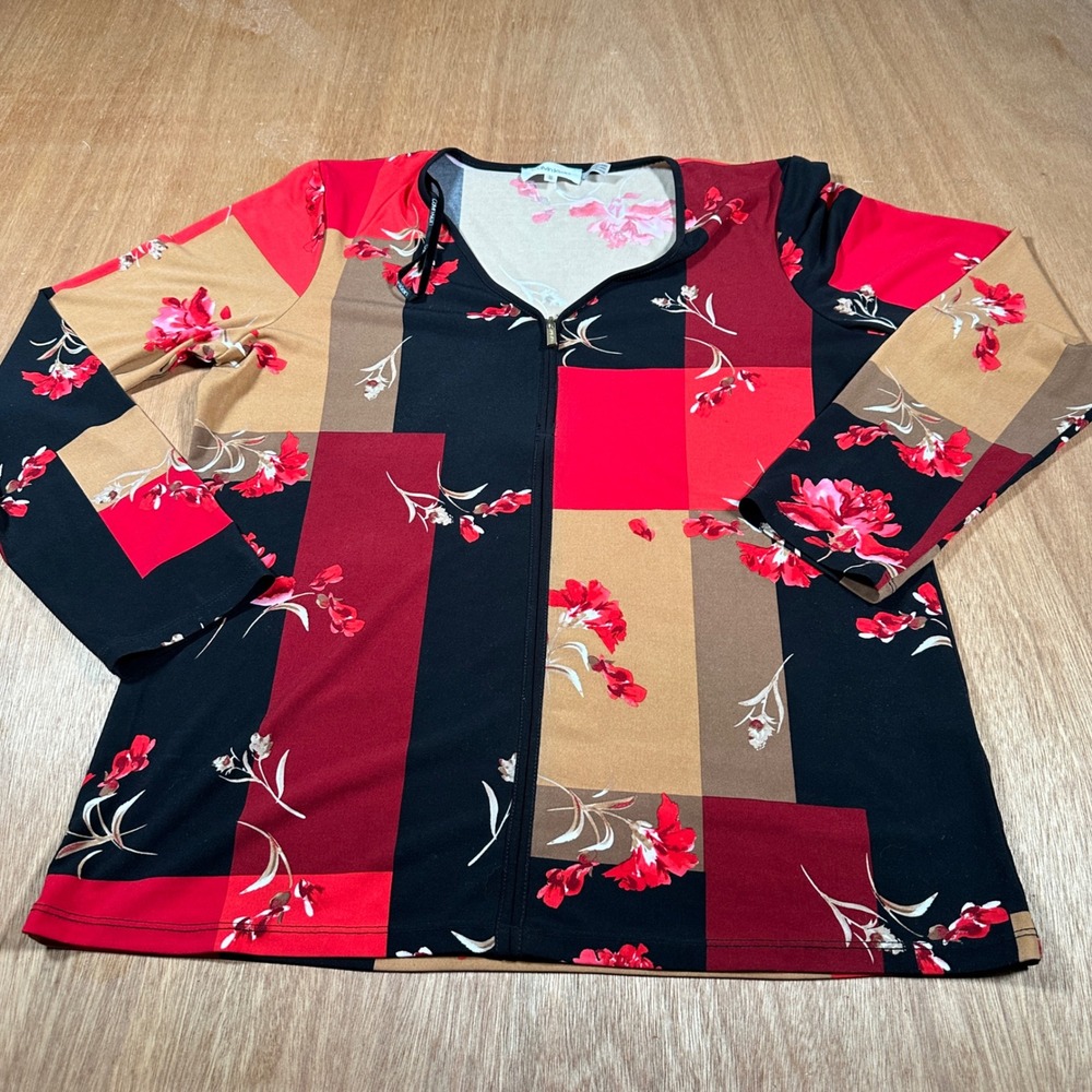 Calvin Klein Zip Front Top Women Medium Red Black Floral Patchwork M9JH6063